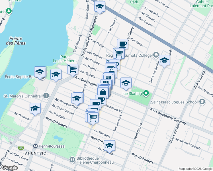 map of restaurants, bars, coffee shops, grocery stores, and more near 1431 Rue Fleury Est in Montréal