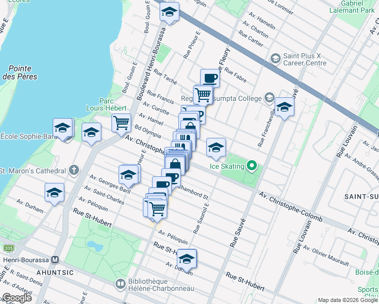 map of restaurants, bars, coffee shops, grocery stores, and more near 1448 Rue Fleury Est in Montréal