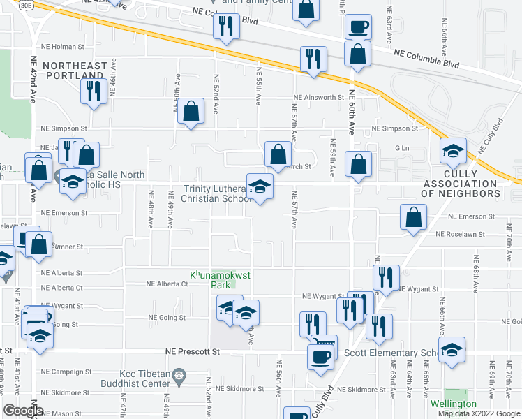 map of restaurants, bars, coffee shops, grocery stores, and more near 5520 Northeast Killingsworth Street in Portland