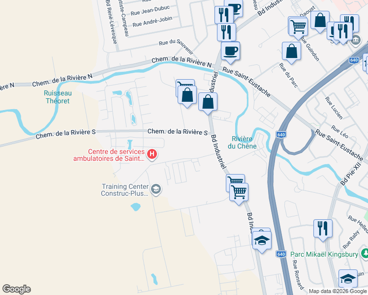 map of restaurants, bars, coffee shops, grocery stores, and more near 514 Chemin de la Rivière Sud in Saint-Eustache