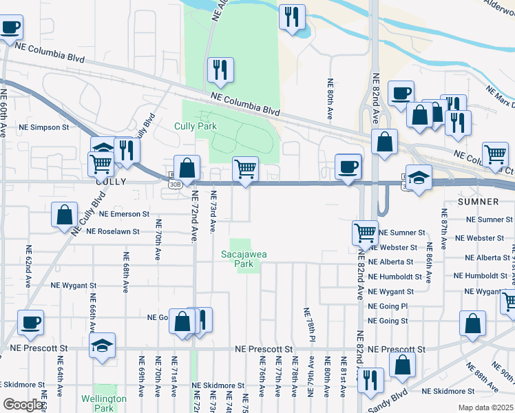 map of restaurants, bars, coffee shops, grocery stores, and more near 5298 Northeast 75th Avenue in Portland