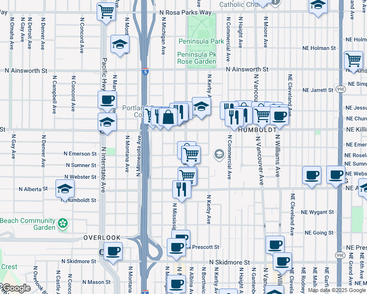 map of restaurants, bars, coffee shops, grocery stores, and more near 716 North Emerson Street in Portland
