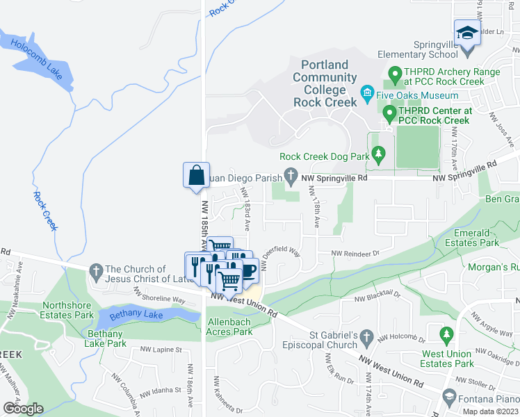 map of restaurants, bars, coffee shops, grocery stores, and more near 5795 Northwest 181st Avenue in Portland
