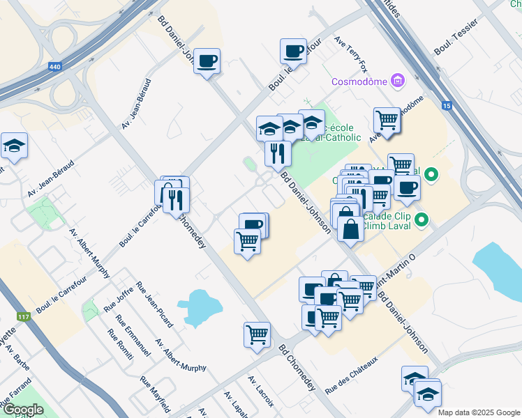 map of restaurants, bars, coffee shops, grocery stores, and more near 3720 Boulevard de Chenonceau in Laval