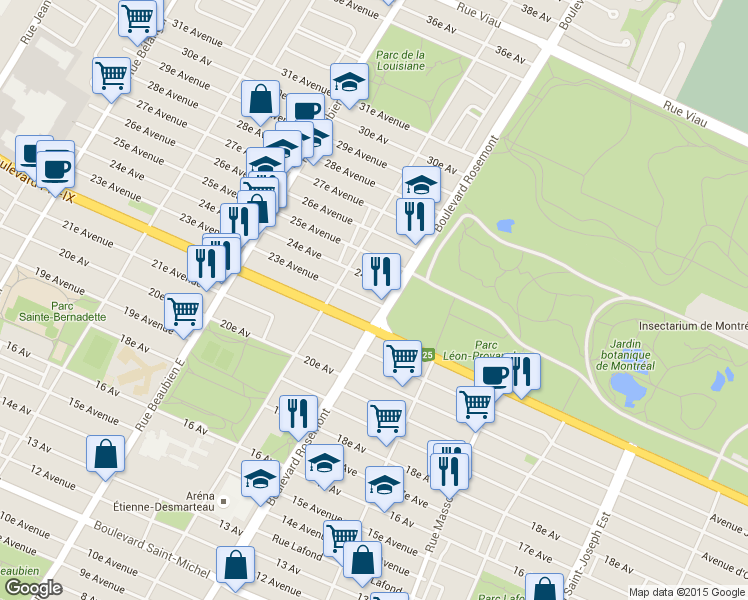 map of restaurants, bars, coffee shops, grocery stores, and more near 5921 23e Avenue in Montréal