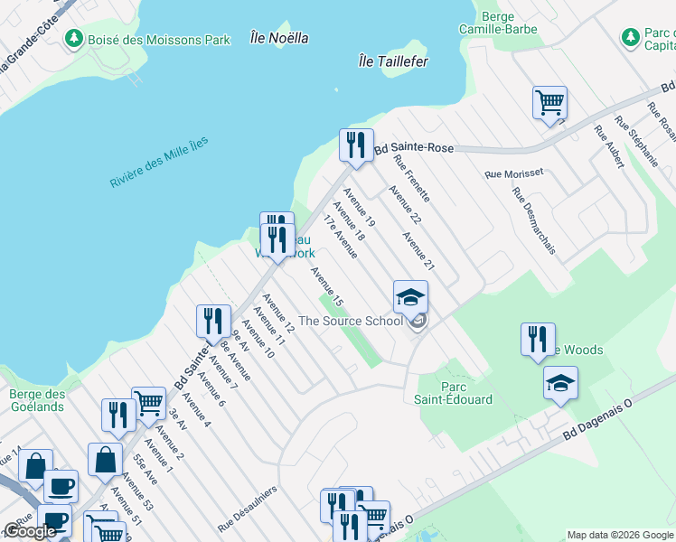 map of restaurants, bars, coffee shops, grocery stores, and more near 1024 A Rue Dionne in Laval