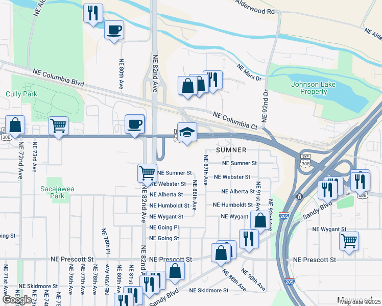 map of restaurants, bars, coffee shops, grocery stores, and more near 8678 Northeast Sumner Street in Portland