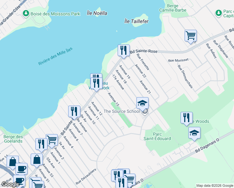 map of restaurants, bars, coffee shops, grocery stores, and more near 1024 A Rue Dionne in Laval