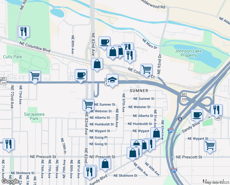 map of restaurants, bars, coffee shops, grocery stores, and more near 5131 Northeast 87th Avenue in Portland
