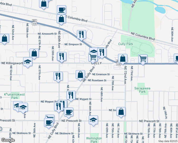 map of restaurants, bars, coffee shops, grocery stores, and more near 6604 Northeast Emerson Street in Portland