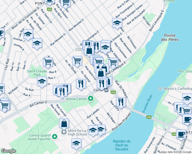 map of restaurants, bars, coffee shops, grocery stores, and more near 9 Rue Saint-Luc in Laval