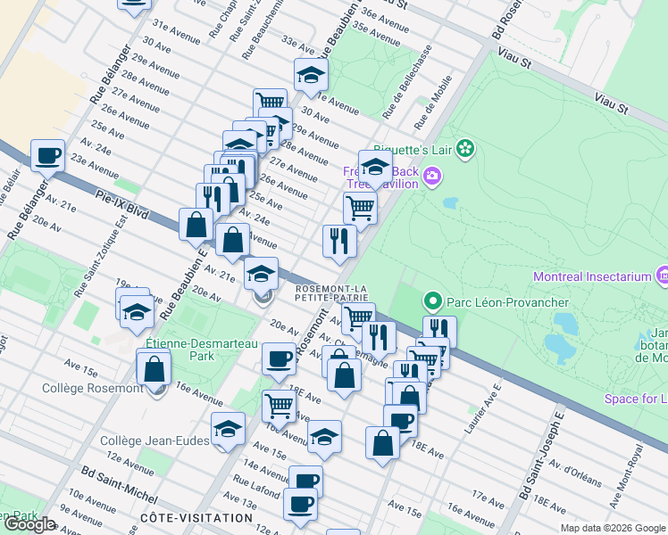 map of restaurants, bars, coffee shops, grocery stores, and more near 5921 23e Avenue in Montréal