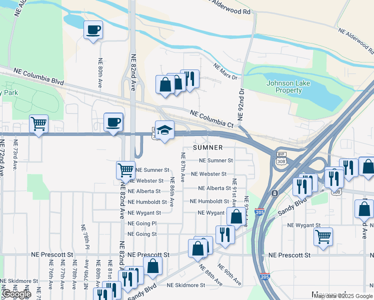 map of restaurants, bars, coffee shops, grocery stores, and more near 8750 Northeast Sumner Street in Portland