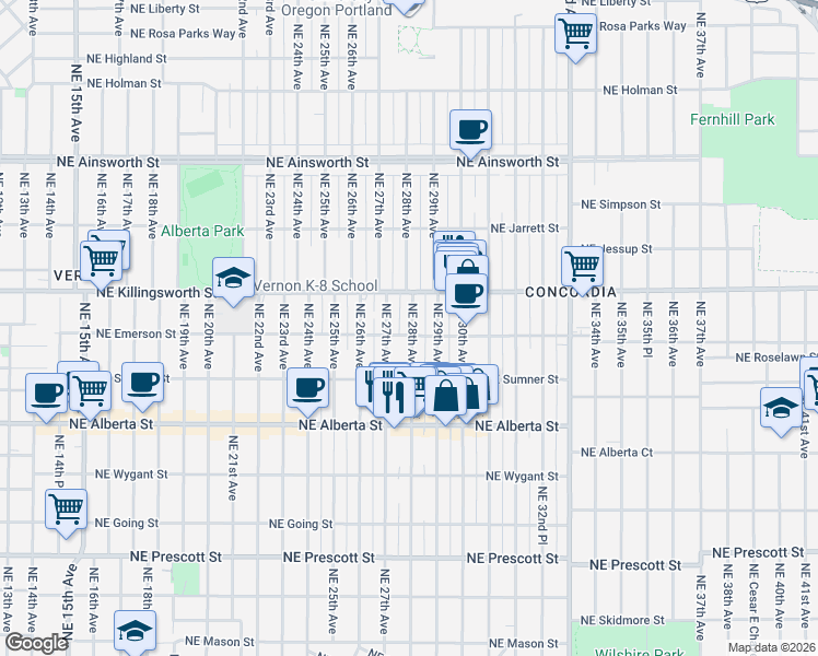 map of restaurants, bars, coffee shops, grocery stores, and more near 5311 Northeast 28th Avenue in Portland