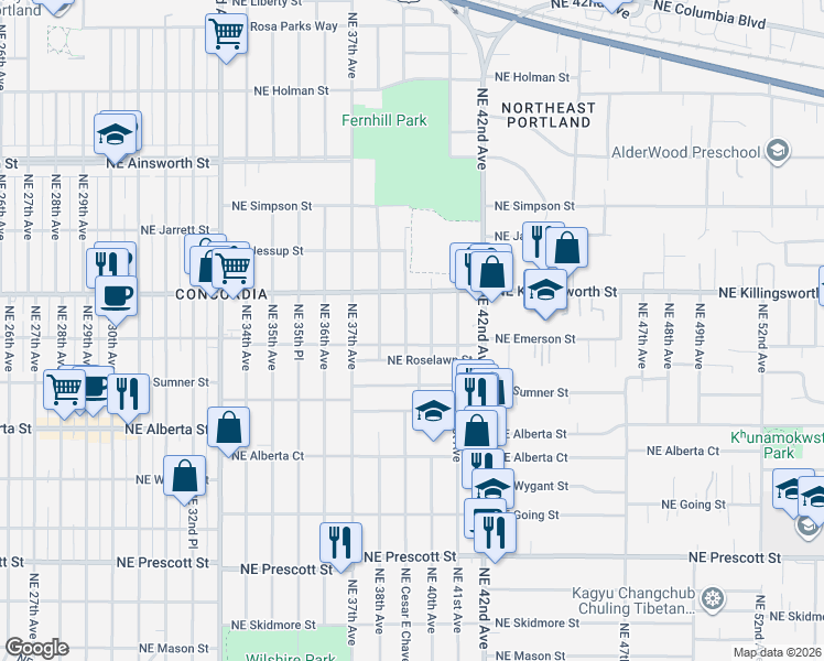 map of restaurants, bars, coffee shops, grocery stores, and more near 5326 Northeast Cesar E Chavez Boulevard in Portland