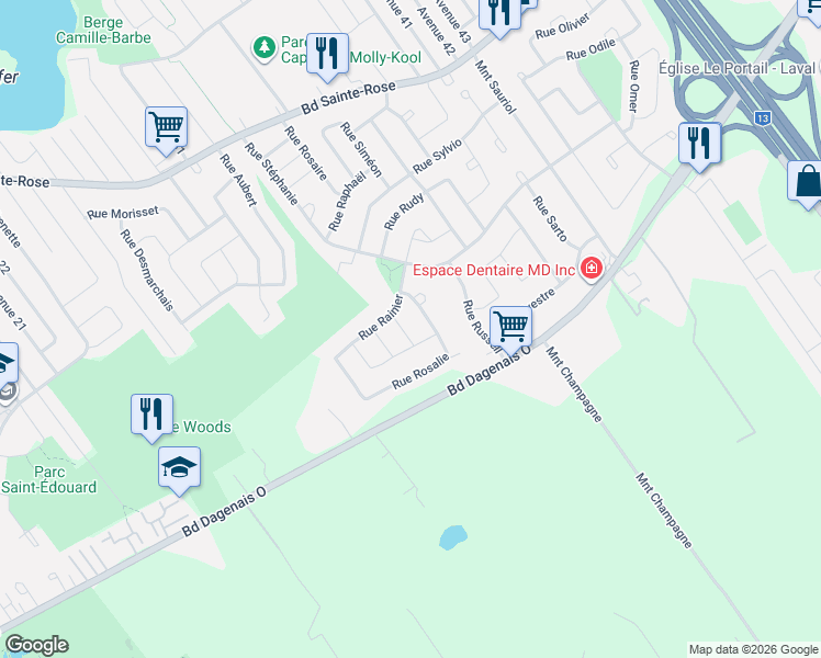 map of restaurants, bars, coffee shops, grocery stores, and more near 721 Rue Steven in Laval