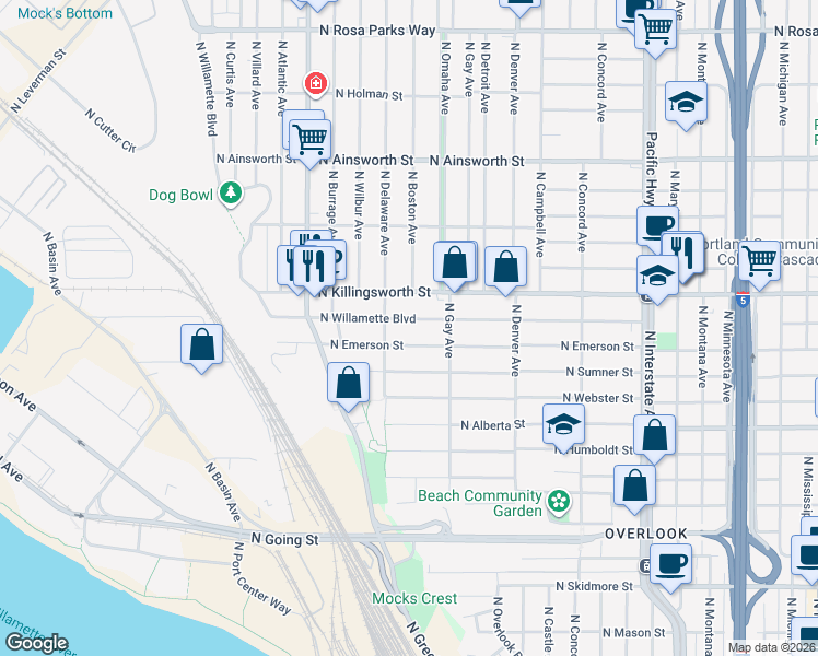 map of restaurants, bars, coffee shops, grocery stores, and more near 2316 North Killingsworth Street in Portland