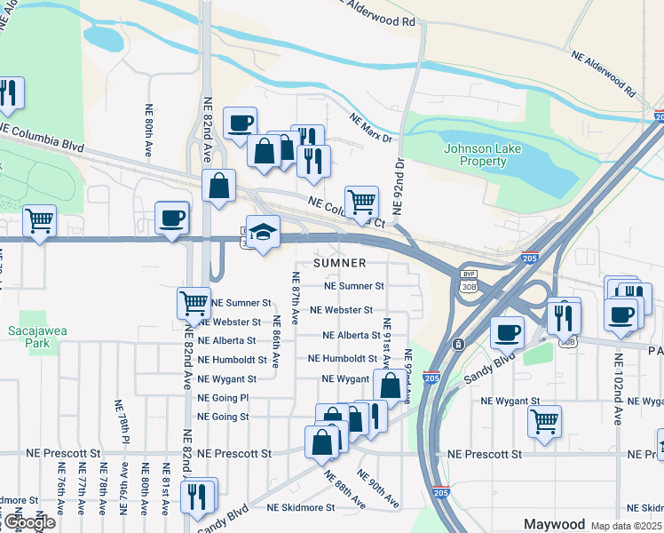 map of restaurants, bars, coffee shops, grocery stores, and more near 8930 Northeast Killingsworth Street in Portland