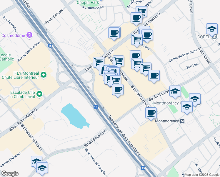 map of restaurants, bars, coffee shops, grocery stores, and more near 1600 Boulevard le Corbusier in Laval