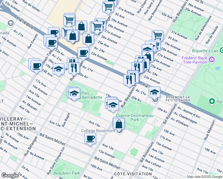 map of restaurants, bars, coffee shops, grocery stores, and more near 6620 20e Avenue in Montreal