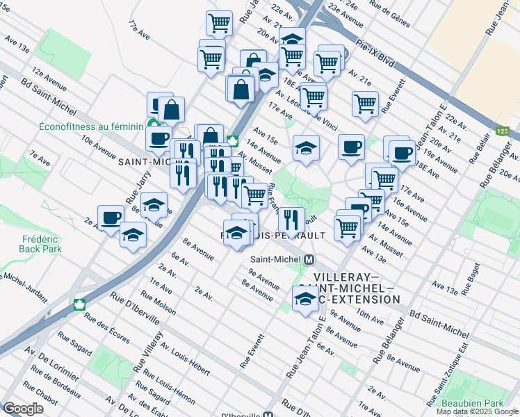 map of restaurants, bars, coffee shops, grocery stores, and more near 3290 Rue Villeray in Montréal