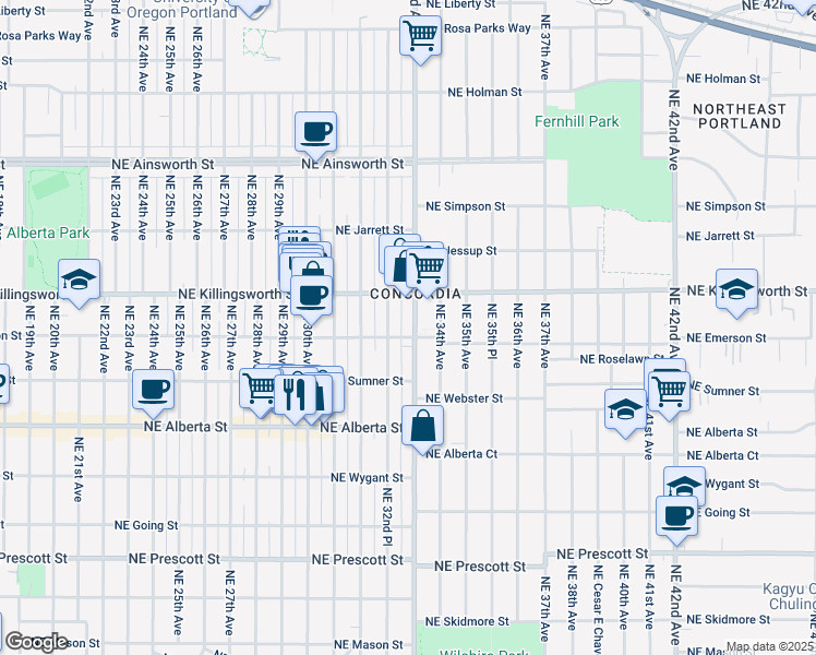 map of restaurants, bars, coffee shops, grocery stores, and more near 5325 Northeast 33rd Avenue in Portland