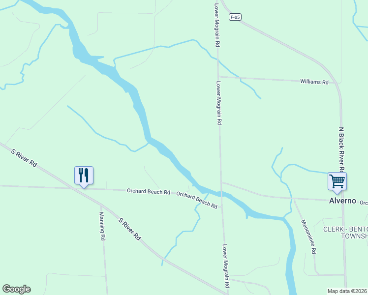 map of restaurants, bars, coffee shops, grocery stores, and more near 7210 Lower Mograin Road in Cheboygan