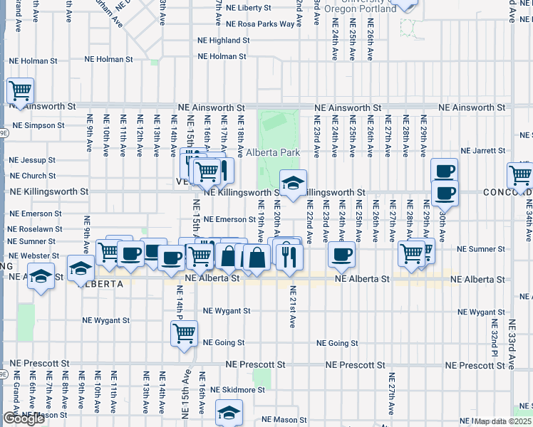 map of restaurants, bars, coffee shops, grocery stores, and more near 5431 Northeast 19th Avenue in Portland