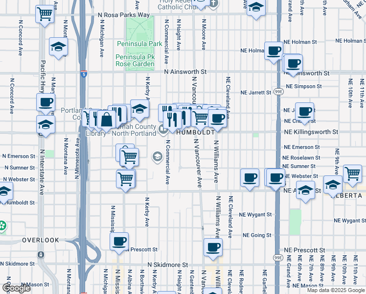 map of restaurants, bars, coffee shops, grocery stores, and more near 330 North Killingsworth Street in Portland