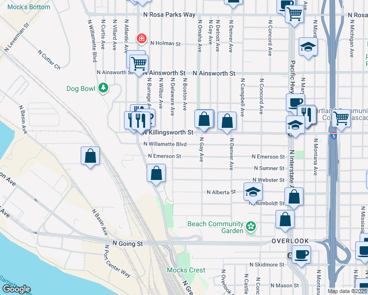 map of restaurants, bars, coffee shops, grocery stores, and more near 2316 North Killingsworth Street in Portland
