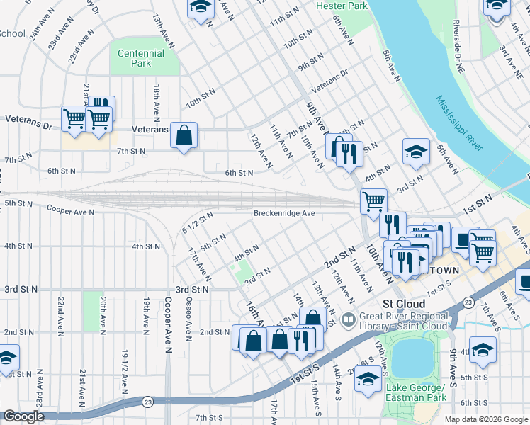 map of restaurants, bars, coffee shops, grocery stores, and more near 1246 Breckenridge Avenue in Saint Cloud