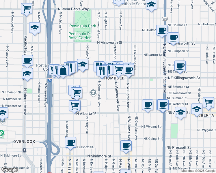map of restaurants, bars, coffee shops, grocery stores, and more near 325 North Emerson Street in Portland