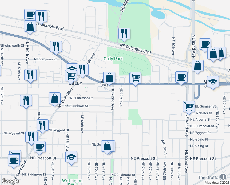 map of restaurants, bars, coffee shops, grocery stores, and more near 5314 Northeast 72nd Avenue in Portland