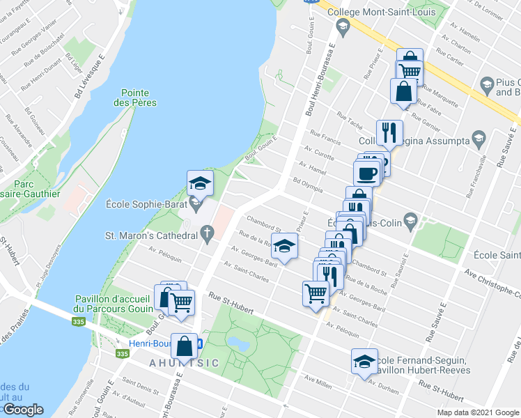 map of restaurants, bars, coffee shops, grocery stores, and more near 10652 Avenue du Sacré-Coeur in Montréal