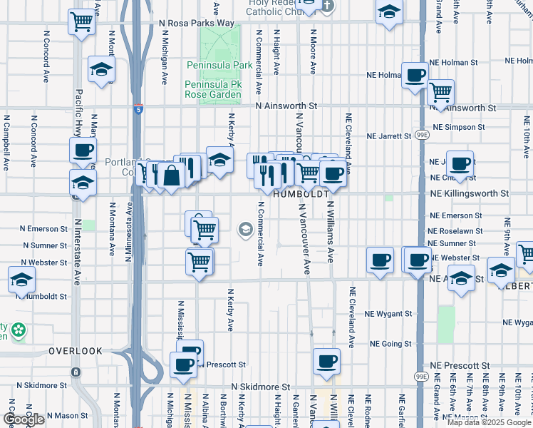 map of restaurants, bars, coffee shops, grocery stores, and more near 5308 North Commercial Avenue in Portland