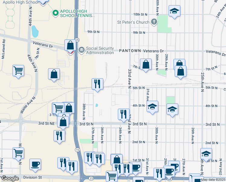 map of restaurants, bars, coffee shops, grocery stores, and more near 435 33rd Avenue North in St. Cloud