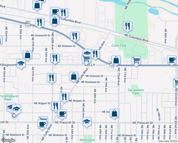 map of restaurants, bars, coffee shops, grocery stores, and more near 6616 Northeast Killingsworth Street in Portland