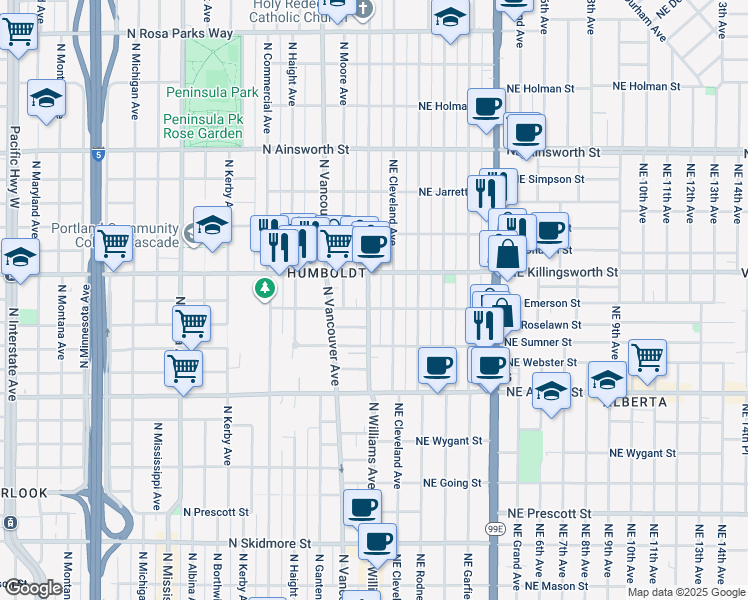 map of restaurants, bars, coffee shops, grocery stores, and more near 5417 North Williams Avenue in Portland