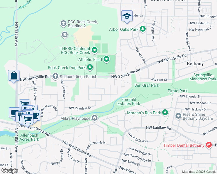 map of restaurants, bars, coffee shops, grocery stores, and more near 17340 Northwest Springville Road in Portland