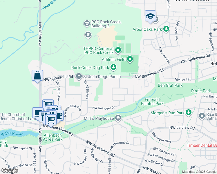 map of restaurants, bars, coffee shops, grocery stores, and more near 17516 Northwest Springville Road in Portland