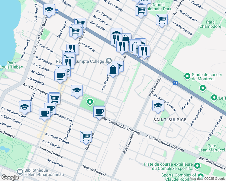 map of restaurants, bars, coffee shops, grocery stores, and more near 1590 Rue Sauvé Est in Montréal