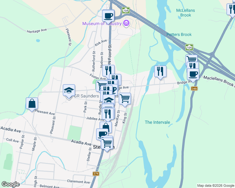 map of restaurants, bars, coffee shops, grocery stores, and more near 4 Mackay Street in New Glasgow
