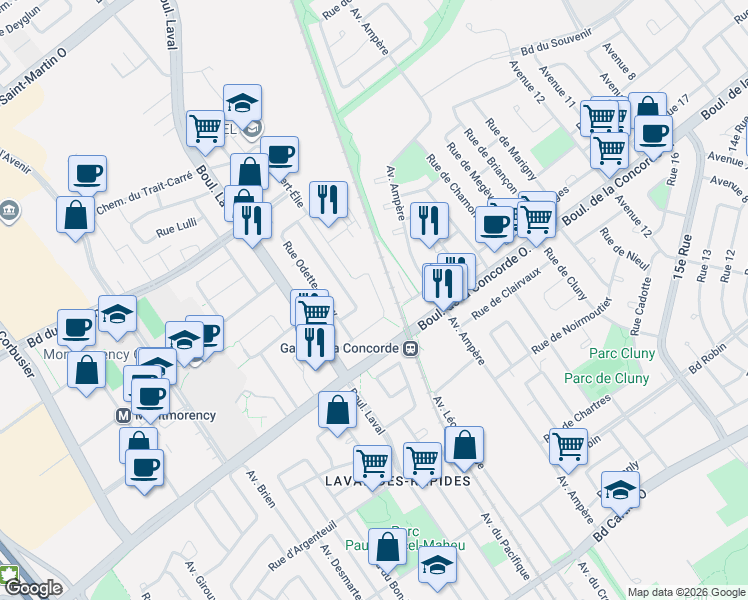 map of restaurants, bars, coffee shops, grocery stores, and more near 454 Rue Françoise-Gaudet-Smet in Laval