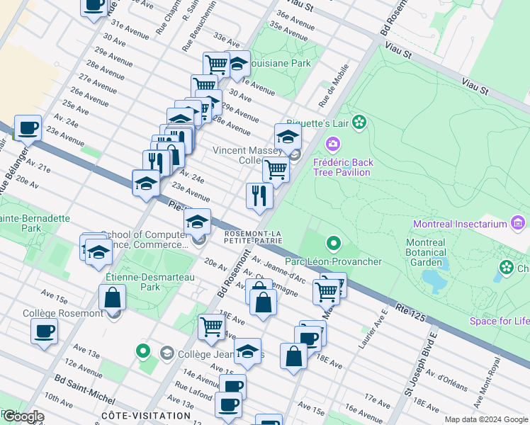 map of restaurants, bars, coffee shops, grocery stores, and more near 4245 Boulevard Rosemont in Montréal
