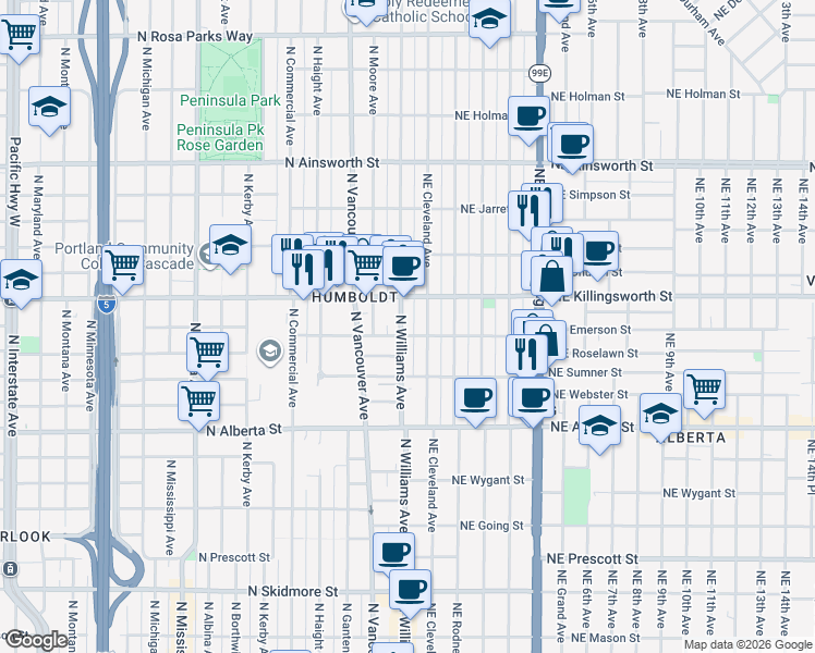 map of restaurants, bars, coffee shops, grocery stores, and more near 5310 North Williams Avenue in Portland