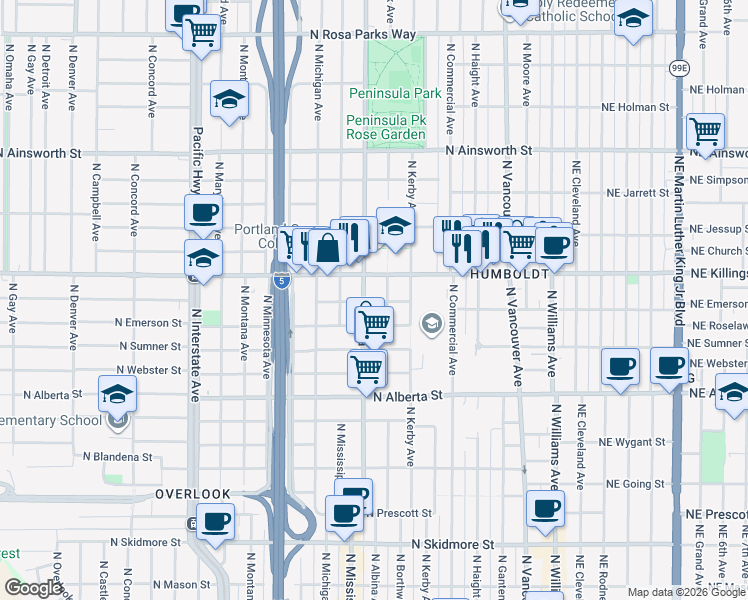 map of restaurants, bars, coffee shops, grocery stores, and more near in Portland