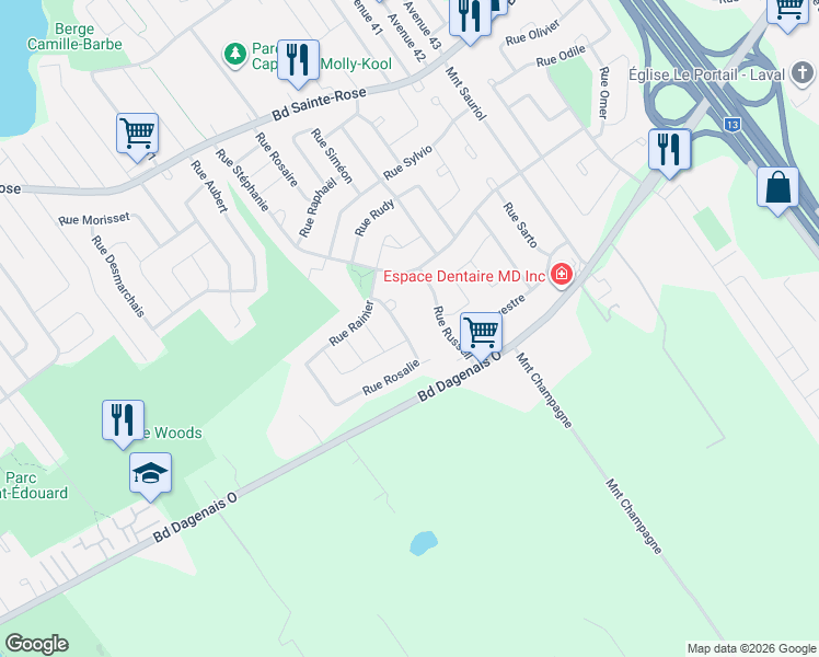 map of restaurants, bars, coffee shops, grocery stores, and more near 711 Rue Rosalie in Laval
