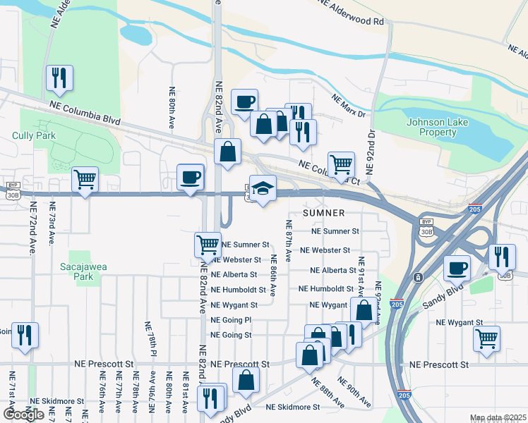 map of restaurants, bars, coffee shops, grocery stores, and more near 8678 Northeast Sumner Street in Portland