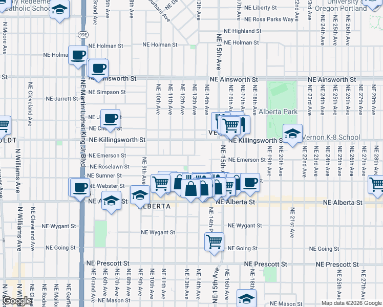 map of restaurants, bars, coffee shops, grocery stores, and more near 1241 Northeast Emerson Street in Portland