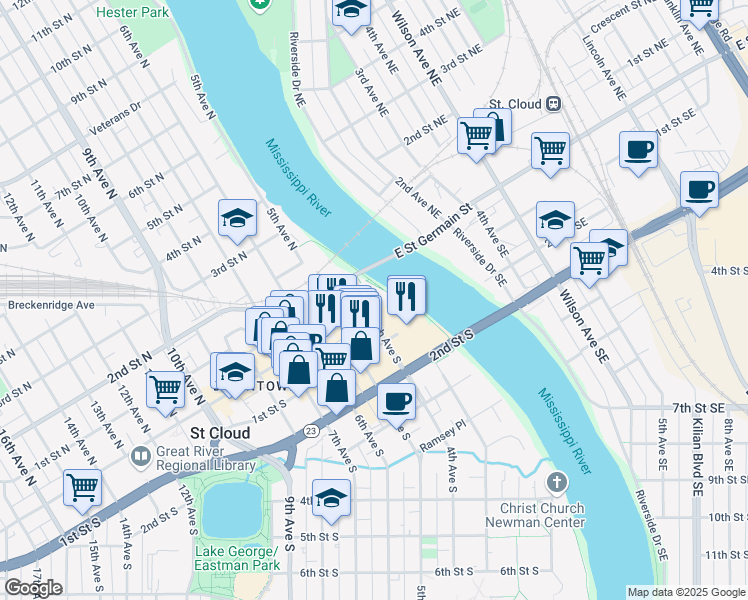 map of restaurants, bars, coffee shops, grocery stores, and more near 10 4th Avenue South in St. Cloud